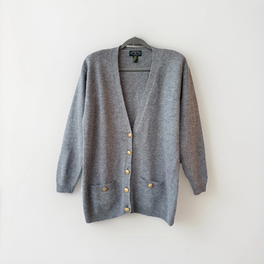 Vtg Charter Club Grey Cardigan Sweater Lambs Wool Angora V-neck Gold Buttons L